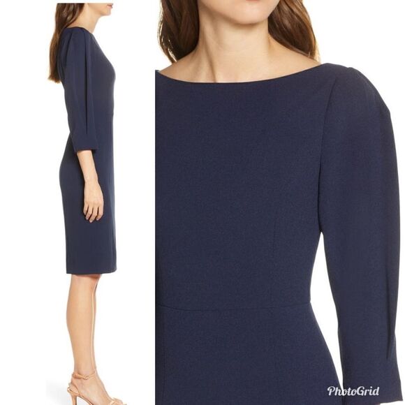 Revolve ELIZA J Pleated Sleeve Sheath Navy Blue Midi Dress - Picture 2 of 6